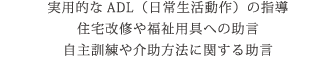 実用的なADL（日常生活動作）の指導 住宅改修や福祉用具への助言 自主訓練や介助方法に関する助言